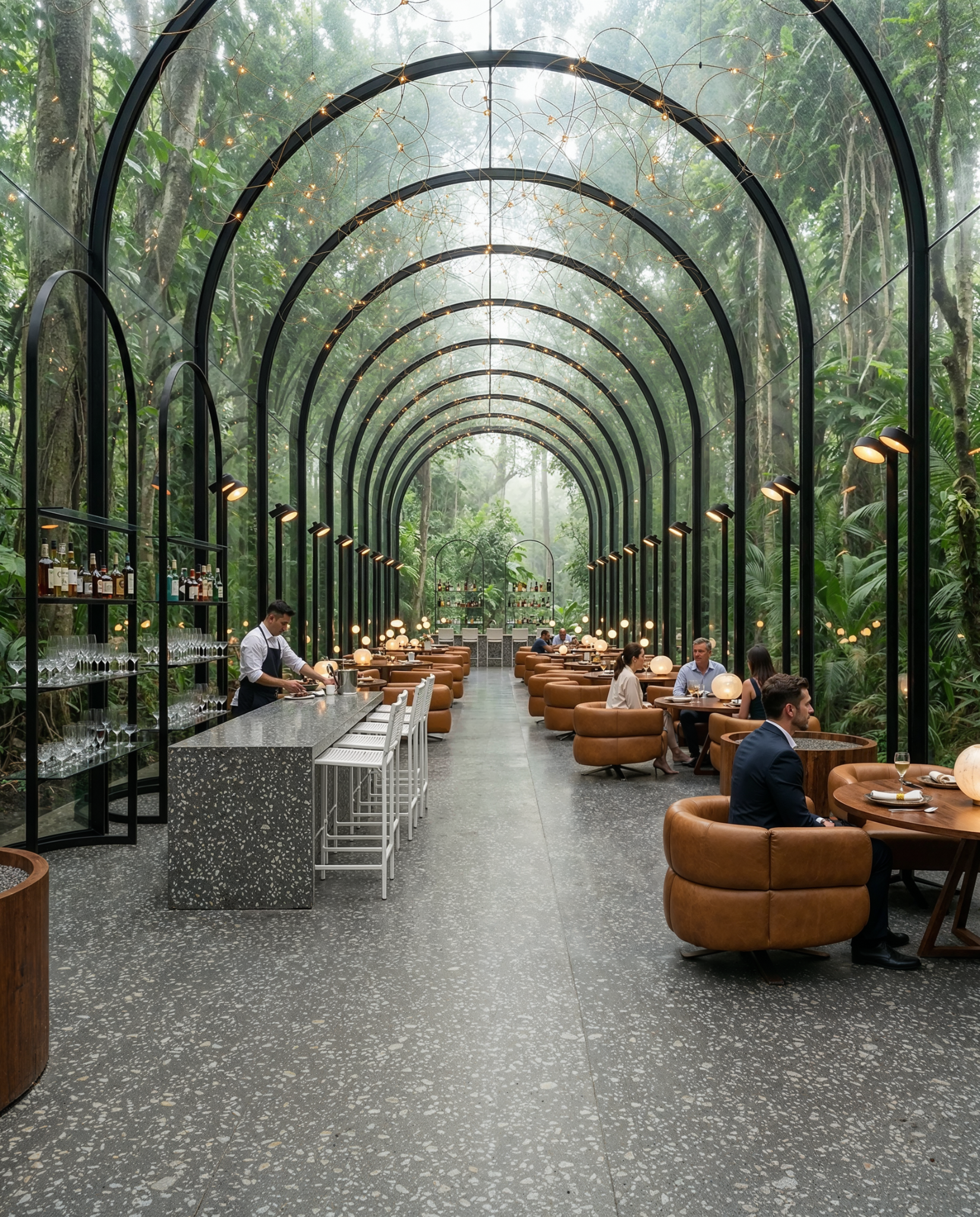 Salão de restaurante cercado de vegetação, renderizado com inteligência artificial pelo método RENDERIA